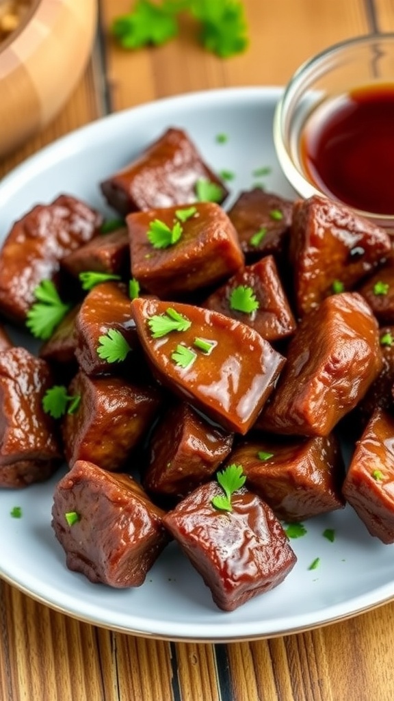 Air fryer steak bites garnished with parsley on a rustic wooden table.